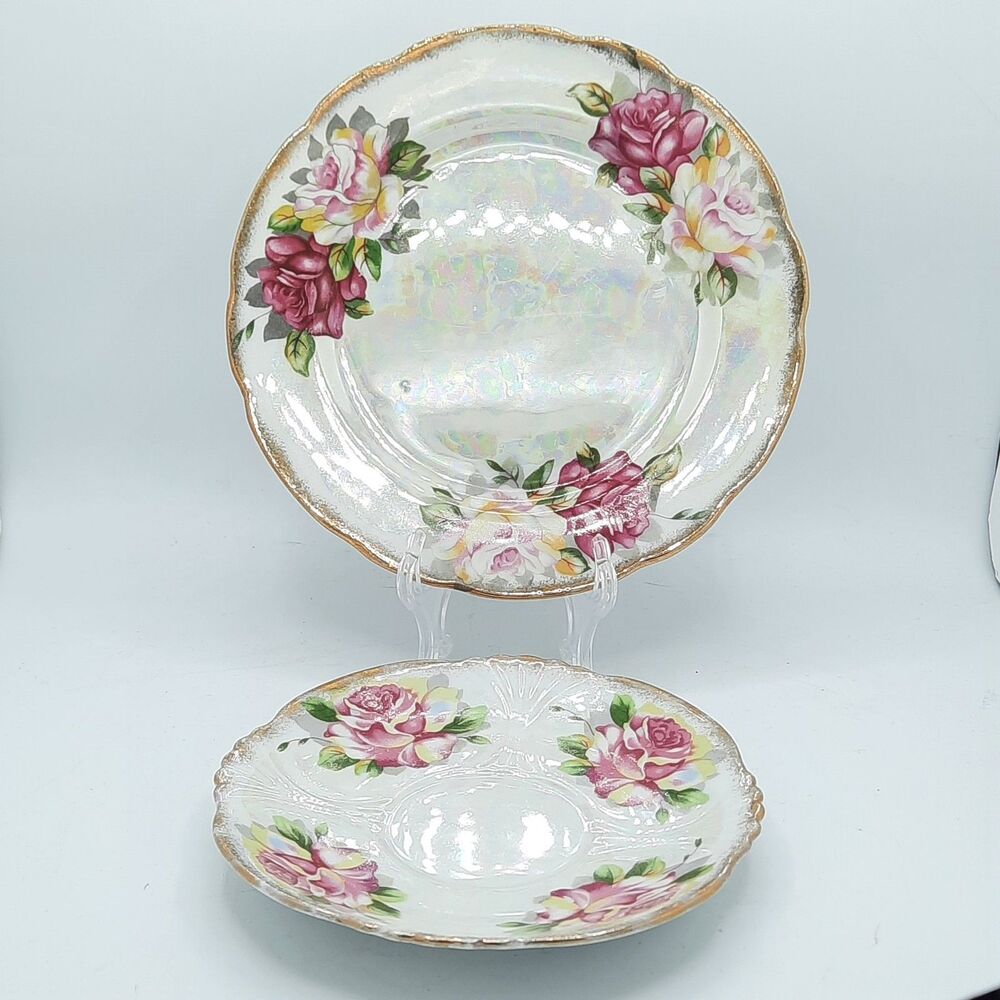 Vintage Iridescent 6" Saucer & 7" Dessert Plate Pink Rose Gold Trim Made Japan